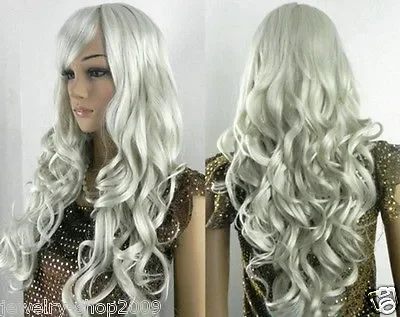 

Wholesale wig Cosplay Curly With Bang Silver White Long Wigs