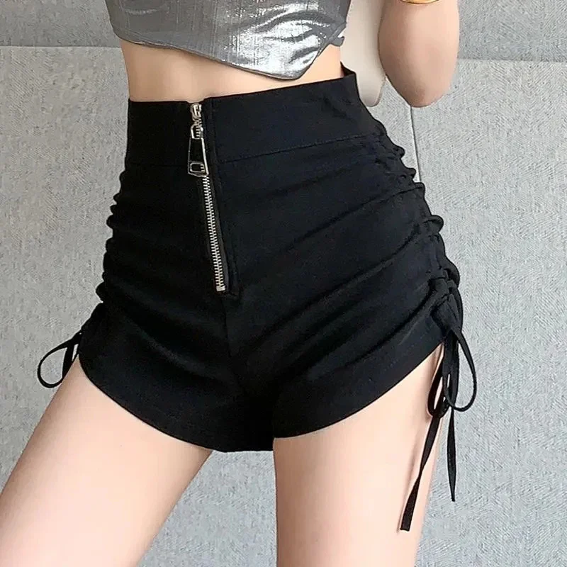 Korean Fashion All-in-one Drawstring Shorts Tight Sexy Harajuku Zipper High Waist Yoga Running Shorts