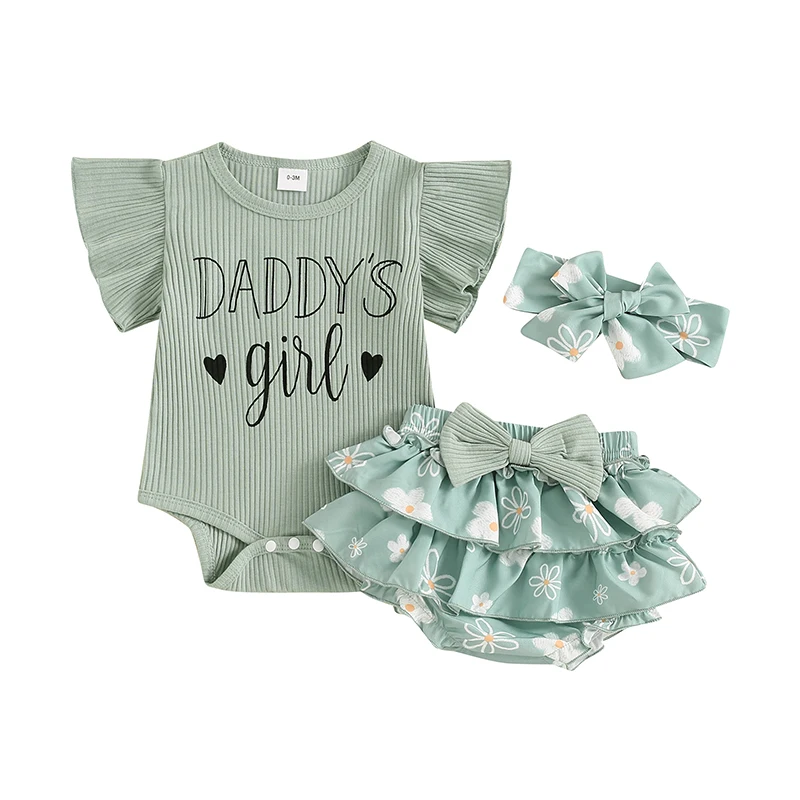 

Baby Girls Father s Day Outfits Letter Print Fly Sleeve Romper with Floral Shorts and Heaband 3 Pcs Summer Set