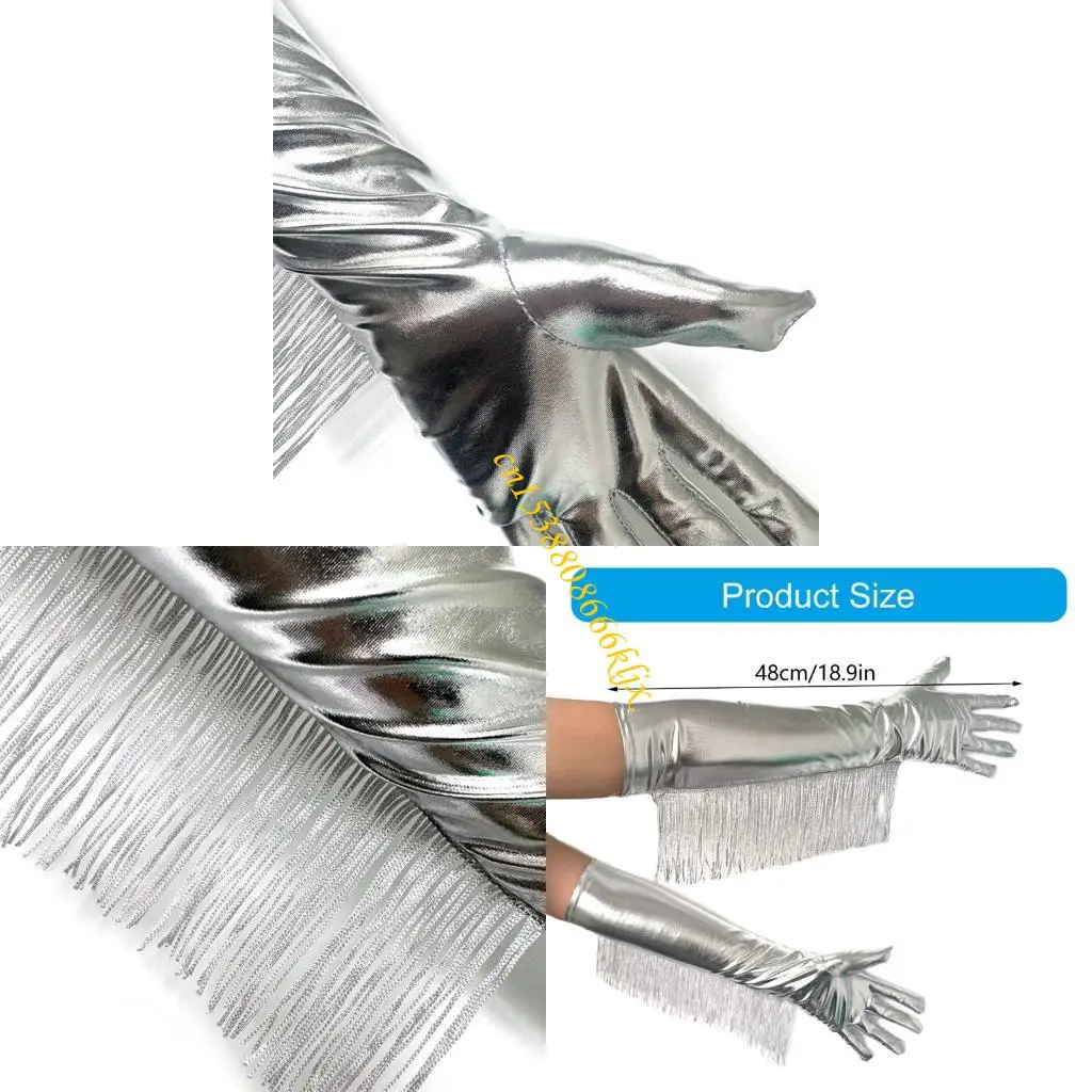 

Silver Glittering Gloves Elbow Length Armwear with Tassels For Dancing Party 066C