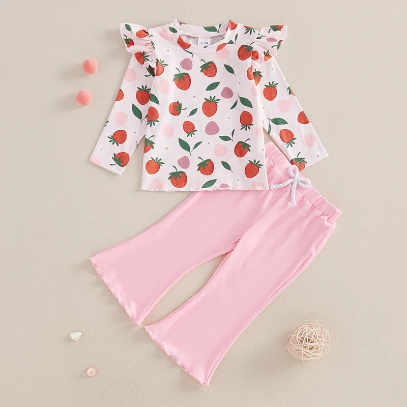 

Children's Clothing Girl Long Sleeve Crew Neck Strawberry Print T-shirt with Flare Pants Autumn Outfits clothes