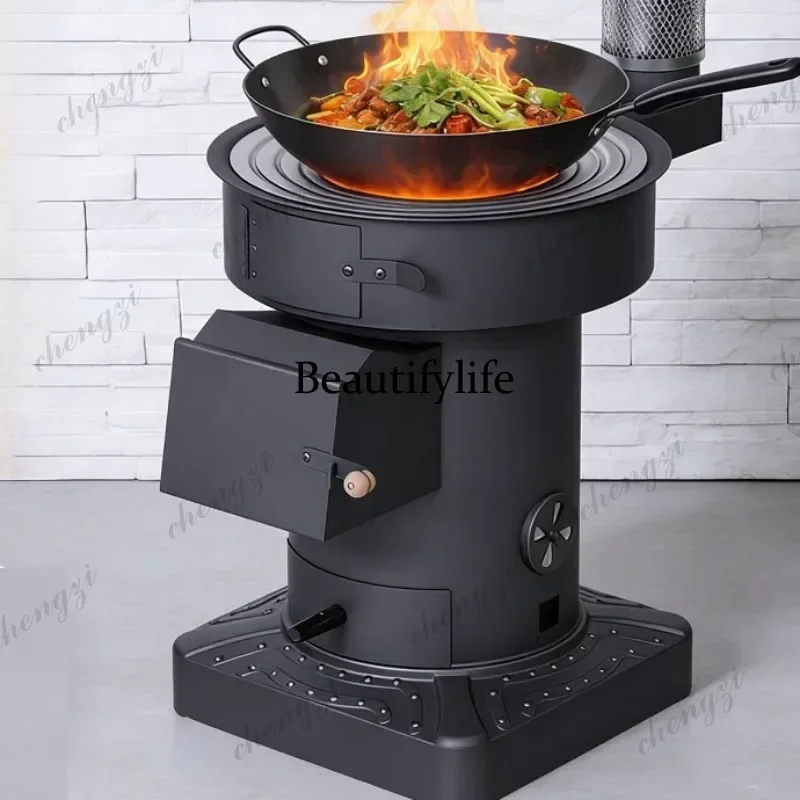 Chimeneas Smokeless Indoor Gasification Stove Firewood Coal Dual Purpose Heater with Big Pot Ring Wheels Rural Winter Home
