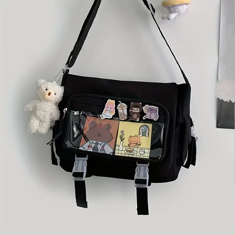 Kawaii Nylon Crossbody Bag, Clear Pocket Front Shoulder Bag, Student Flap Messenger Bag