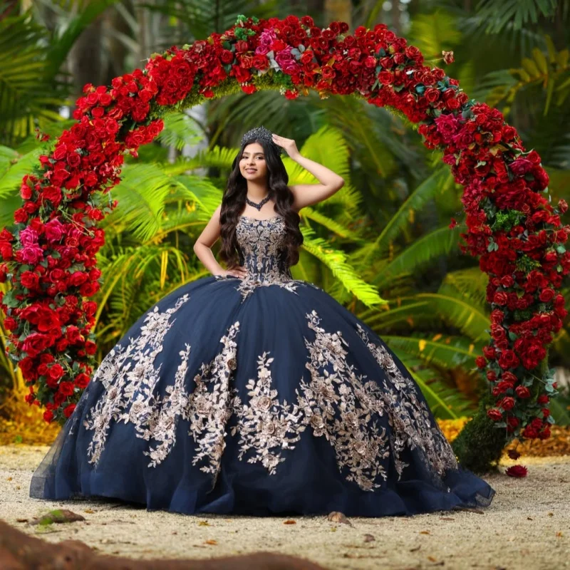 Dark Blue Quinceanera Dress Golden Glitter Crystal  Flower Decal Long tail off-shoulder Bow Vestidos De 15 Quinceanera ﻿Customiz