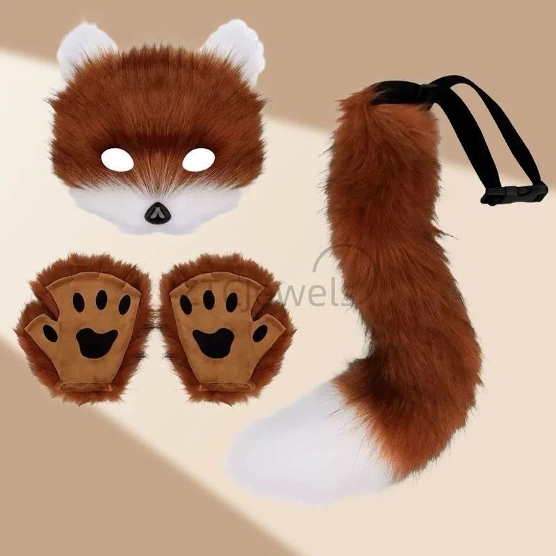 Set di costumi cosplay in pelliccia sintetica coda di volpe gatto lupo maschera di peluche guanti soffici zampa accessori anime festa di Halloween per ragazze donne
