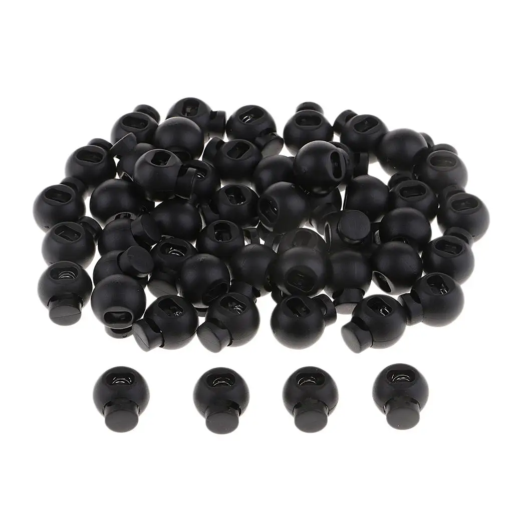 50x 15mm Loaded Round Toggles End Sliding Fastener Luggage Stopper Black