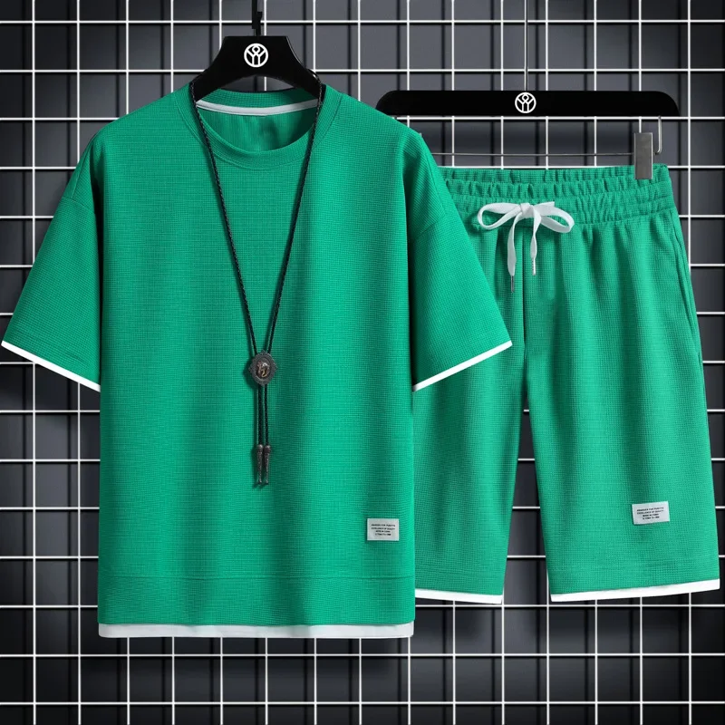 

2024 New Summer Men's Waffle Sets Casual T-Shirt and Shorts Set Male Sports Suit Solid Color Tracksuit Loose Suits