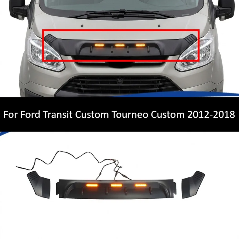 Hood Deflector For Ford Transit Custom Tourneo Custom 2012-2018 3PC ABS With LED Lights Stone Guard Hood Shield Auto Accessories