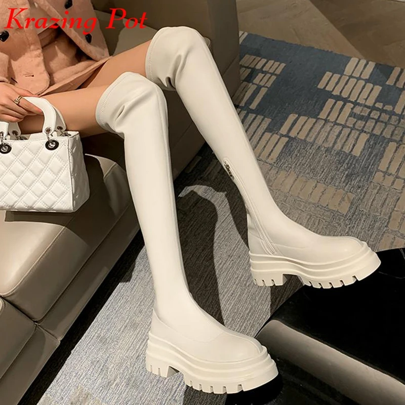 Krazing Pot Microfiber Round Toe Thick Bottom Platform Boots Winter Keep Warm Zipper Punk Design Waterproof Over-the-knee Boots