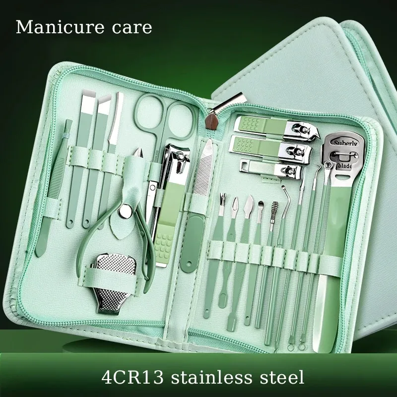 16-22PCS Manicure Set Nail Clipper Cutter Pedicure Dead Skin Pliers Care Tools with Green Storage Case for Home Travel