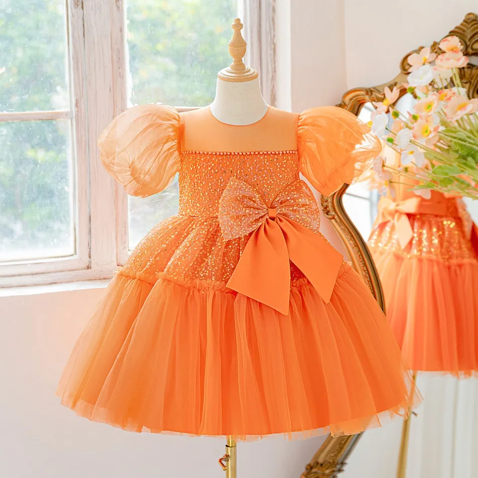 

Sequin Party Girls Dress Puff Sleeve Bow Wedding Bridesmaid Prom Dresses Girl Gala Tulle Birthday Princess Kids Clothing ASQ03