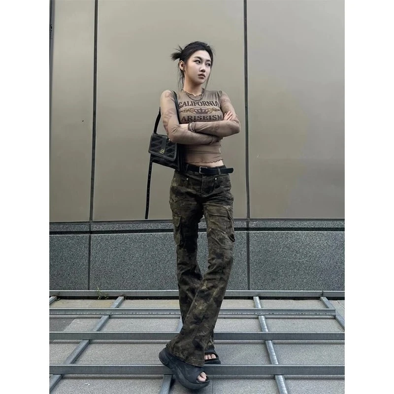 

Women's Vintage Camouflage Micro Flared Pants Cool Girl Street Straight Bottoms Female High Waisted Straight Narrow Trousers