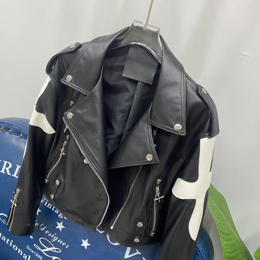 Bla White Cross Color Blo eep Leather Biker Casual Jaet Women's ort Real Leather Jaet European Sle Zipper Closure
