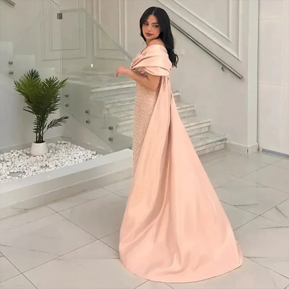 Saudi Arabia Prom Dresses Pink Sleeveless Sequins Evening Gowns Off The Shoulder Sweep Length Formal Women Wedding Party Dress