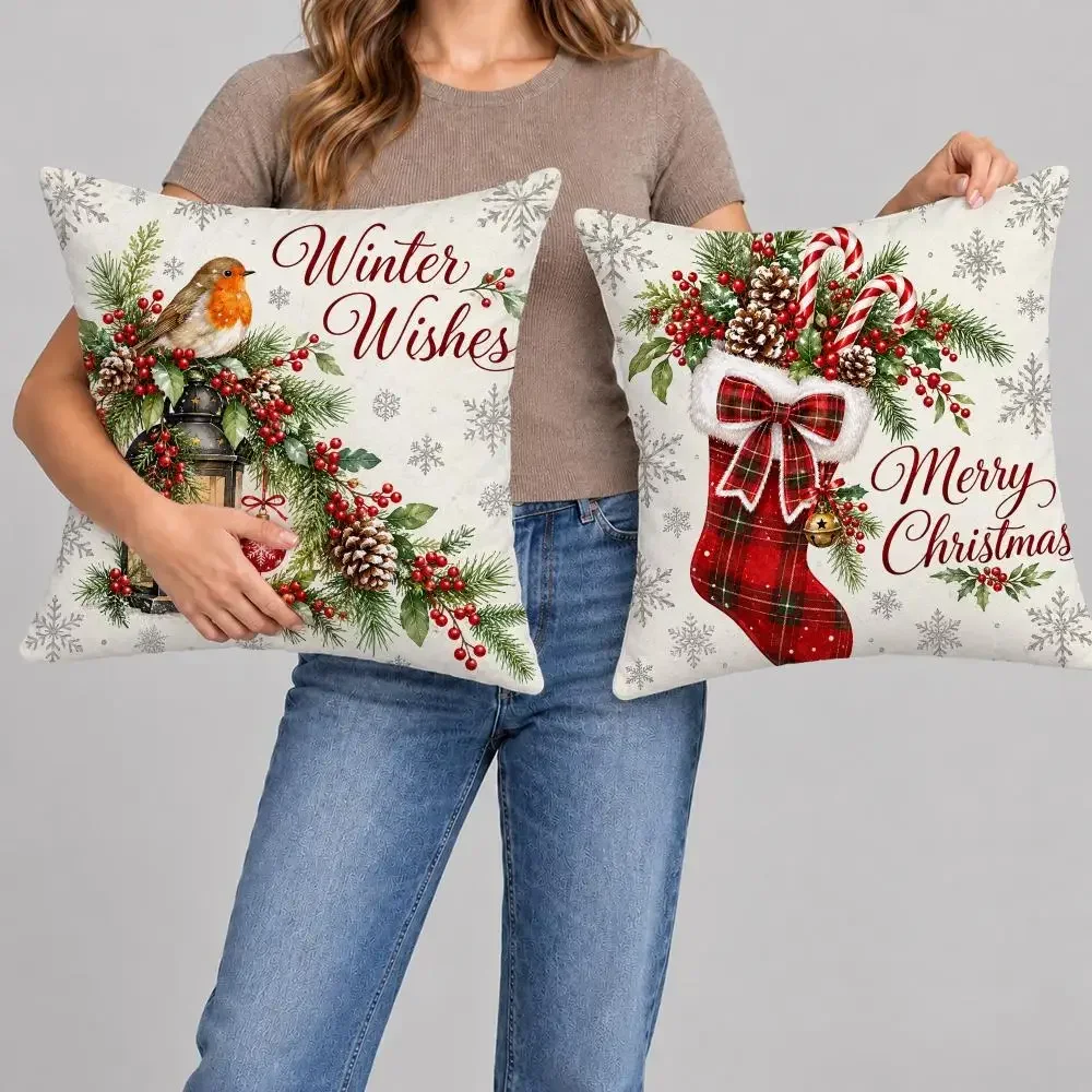 Winter Robin Foliage Cushion Cover 1/4PCS Short Plush Pillow Cover Set Soft Decorative Cushion Case for Sofa Bed Home Decor