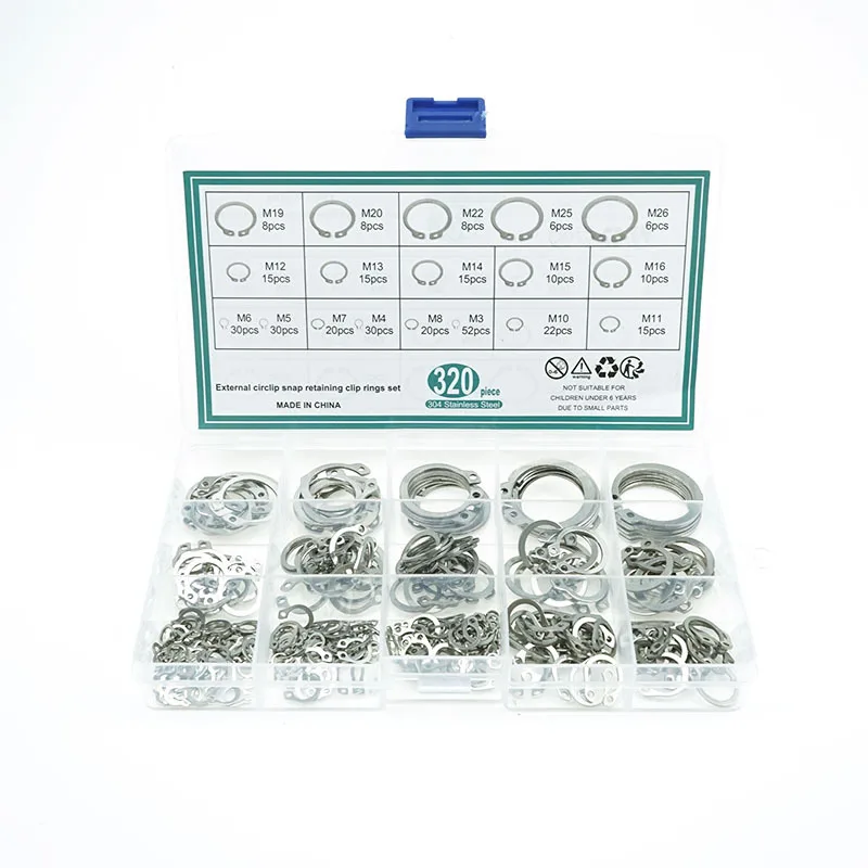 320pcs Internal Circlip Assortment Kit M3-M26 C Clip Washer set 304 stainless steel Retaining Ring Snap Ring kit for metal shaft