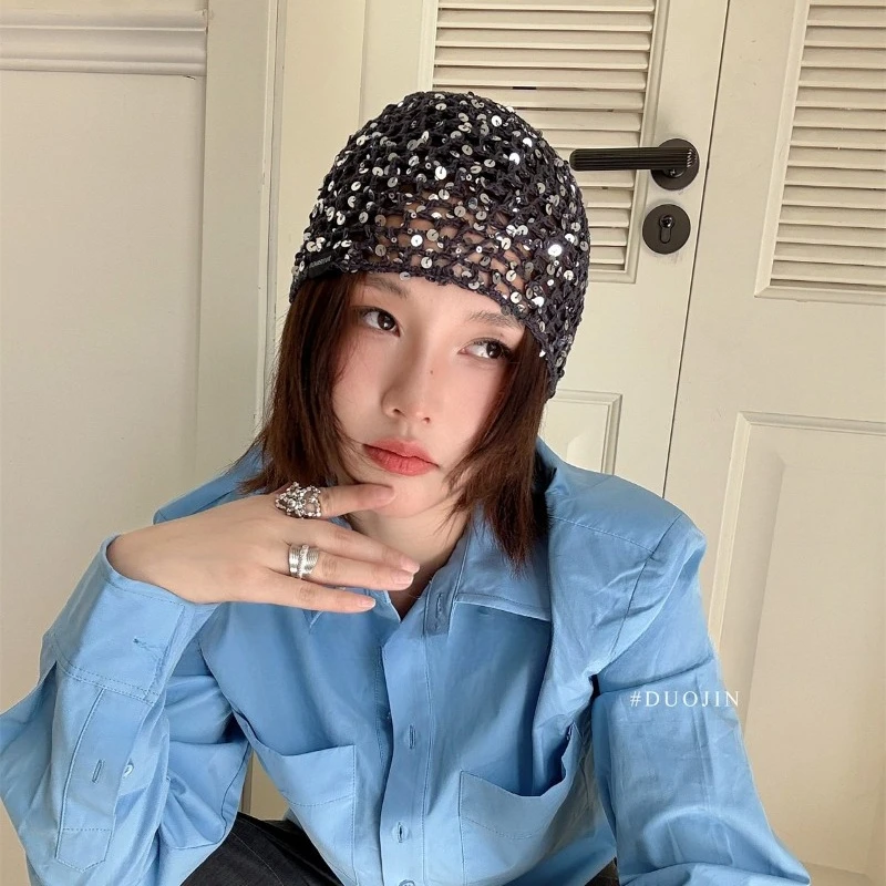 1 Stück Koreanische Ethnische Pailletten-Hohlmützen für Frauen, Y2K Sommer Reise Foto Persönlichkeit Vielseitige Pullover-Mützen für Damen