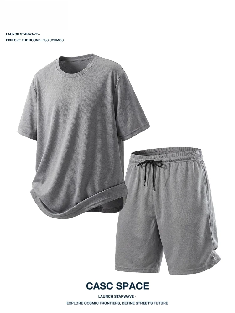 

CASC Me Qui Dry Sports Set Men's Summer New Ice Silk ort Sve Five Pants Casual Running Two Piece Set Polyester Fiber