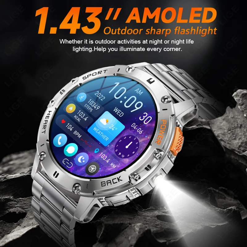 LIGE Men Smartwatch  Bluetooth calling Sports Fitness Bracelet With Flashlight Waterproof Customized Dial Smart Watches Men New