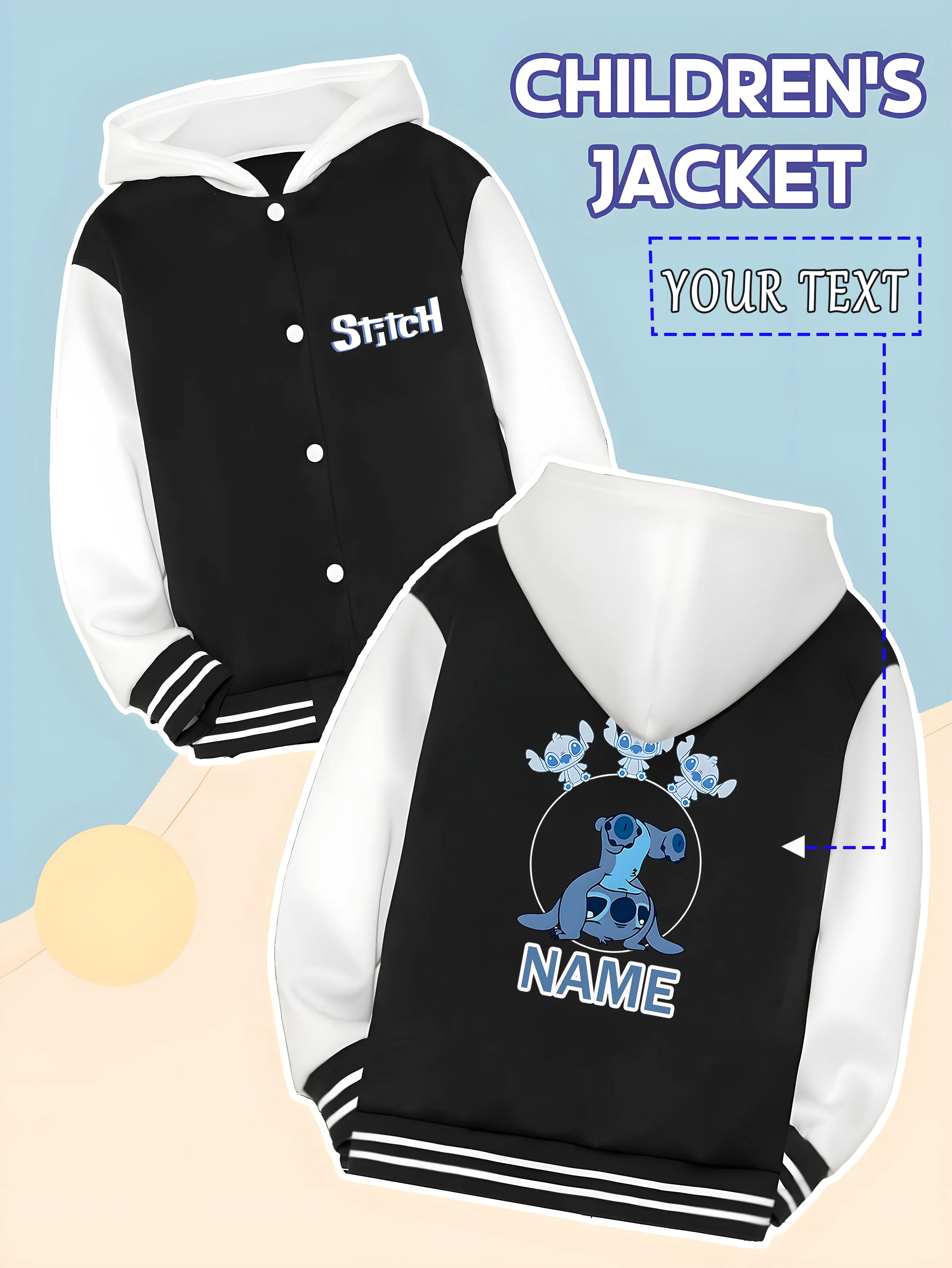 

MINISO Disney Boys Baseball Jacket - Stitch Family Cute Print, a group of "blue friends" Super healing, super warm to wear for w