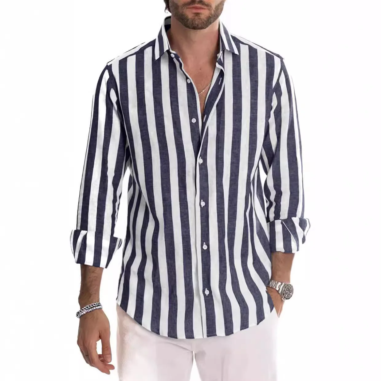 

Long-sleeved Lapel Striped Shirt Loose Shirt Men 2025 European and American New