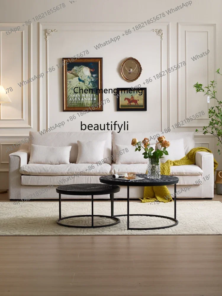French style hug sofa cotton and linen fabric living room removable and washable French cream stylefour-person straight row sofa