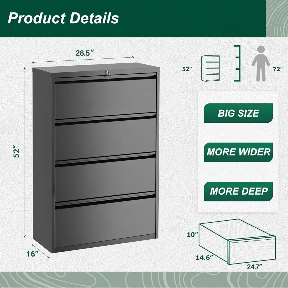 4-Drawer Lateral Filing Cabinet with Lock, Secure Metal File Storage for Home Office, Lockable Cabinet for Legal Documents