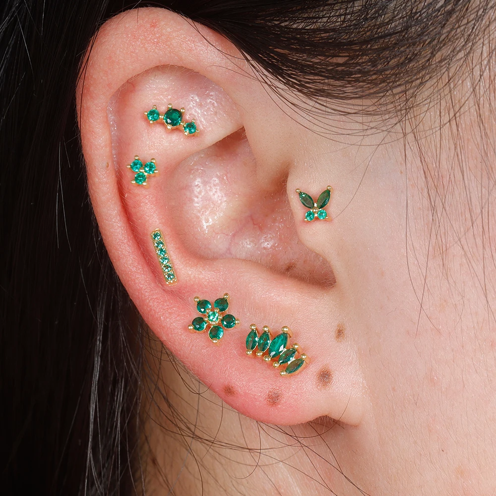 Fashion Green Zircon Stainless Steel Minimal Stud Earrings Small Helix Tragus Cartilage Cross Heart Earring Piercing Jewelry 1pc