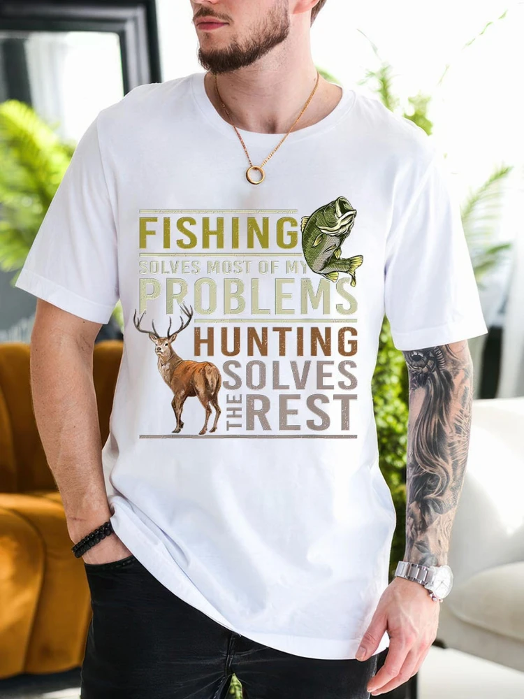 

Men's Funny Hunting & Fishing Saying with Deer Graphic 100% Cotton O-neck summer short sleeve casual printed T-shirt.
