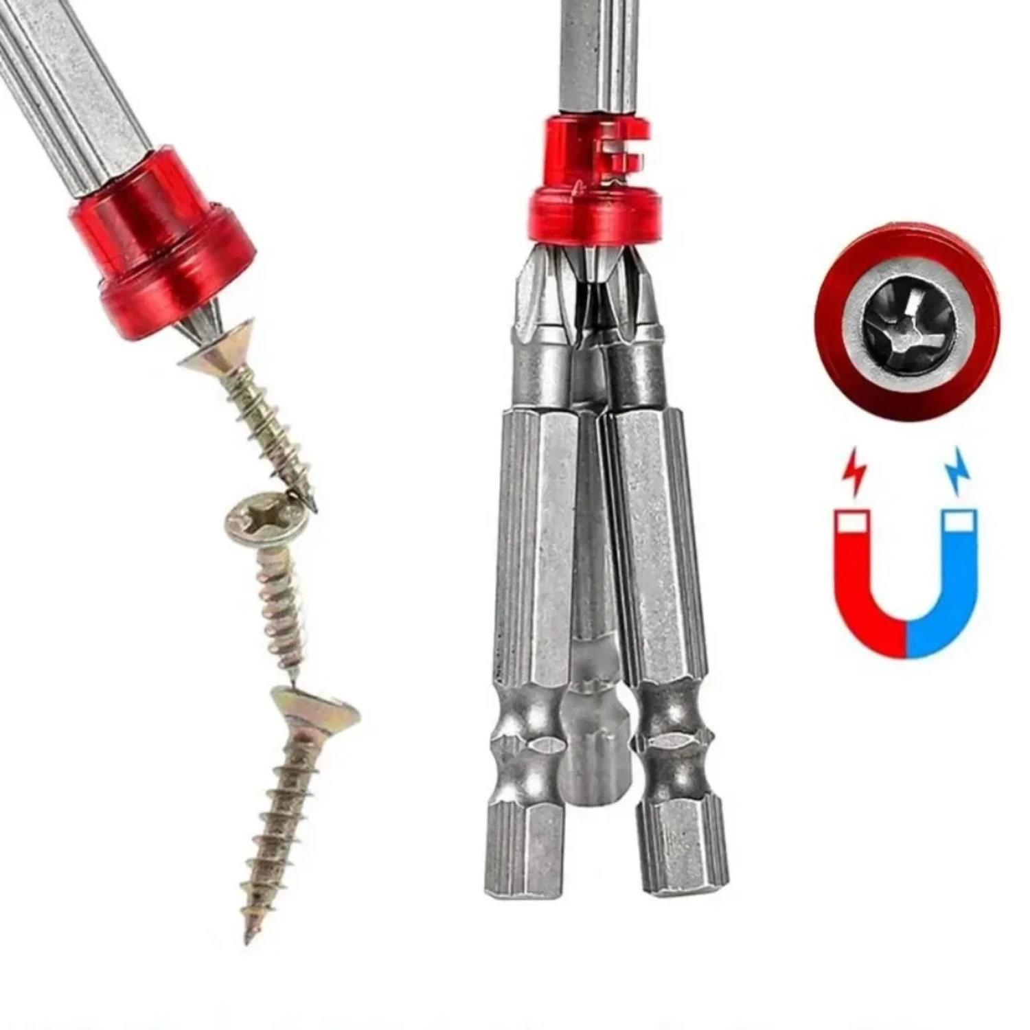 Enhanced Red Magnetic Hex Shank 1/4" Screwdriver Bits - Strong Magnetizer for Power Driver Accessory