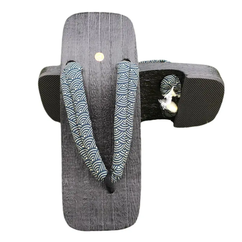 スクエアヘッドサムライアルファベットコスプレ靴忍者フラット下駄下駄黒木製ドラゴンストライプスリッパ夏のフリップフロップサンダル