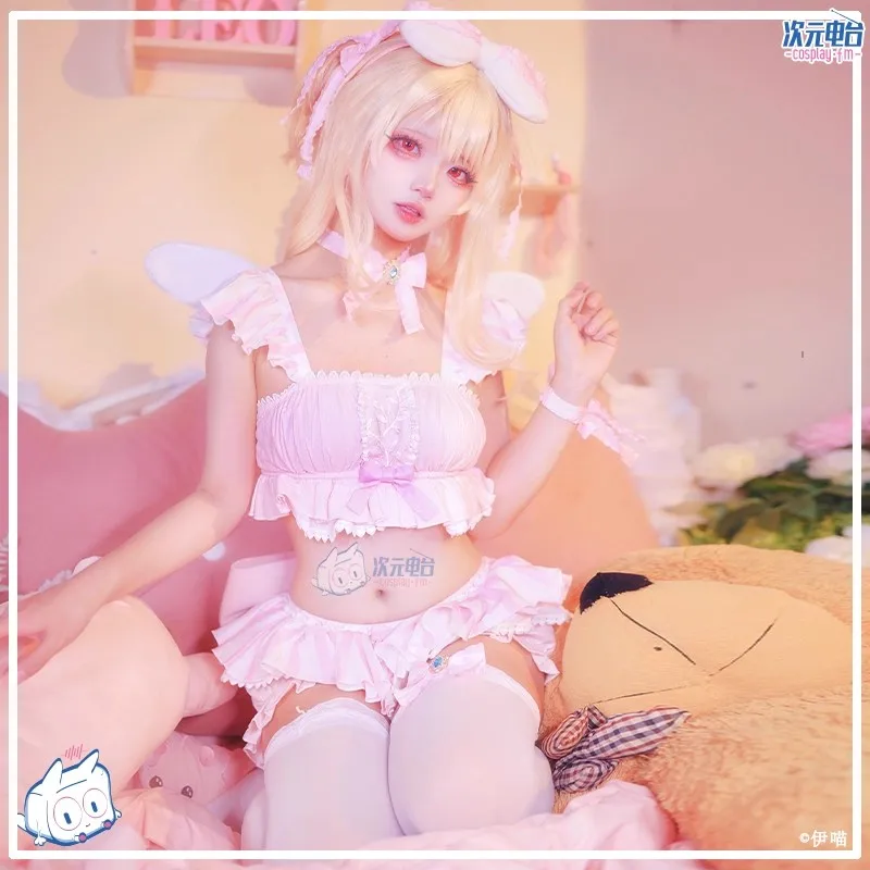 かわいいホームウェアフリルショートトップとスコート、ヘッドバンドと靴下付き、ハロウィンアクセサリー、プリズマイリヤコスプレ衣装、ウィッグ小道具