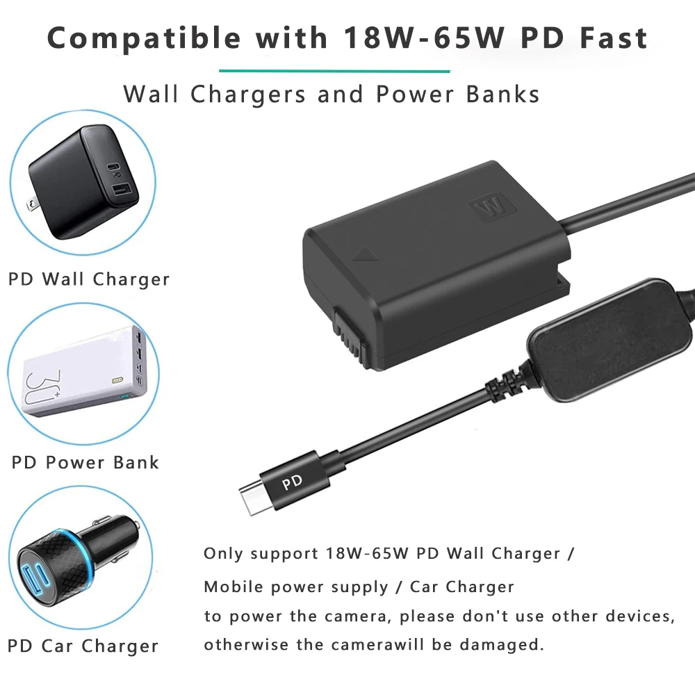 USB-C NP-FW50 bateria manequim dc adaptador ac AC-PW20 para sony alpha a6400 ILCE-6400 6500 6300 6000 5100 5000 3000 câmera