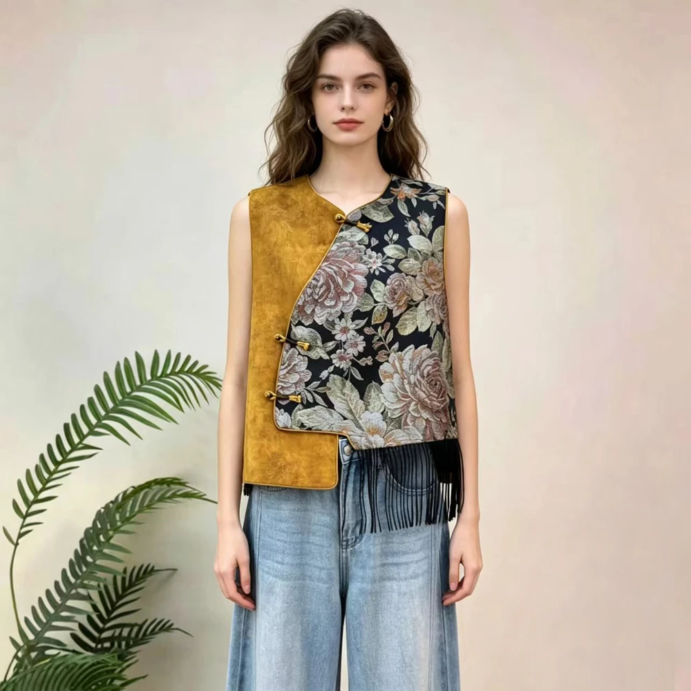 

Chinese Style Tang Clothes Women Qipao Tops Vest Patchwork Peony Jacquard Tassel Waistcoat Hanfu Outwear Vintage Satin Outerwear