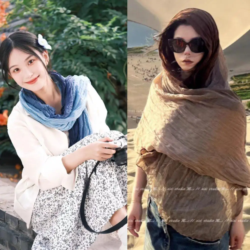 

180*90cm Women Scarf Hemp Gradient Blue Retro Versatile Printed Women's Long Shawl Soft Retro Trend Gradient Color Hijab Scarf