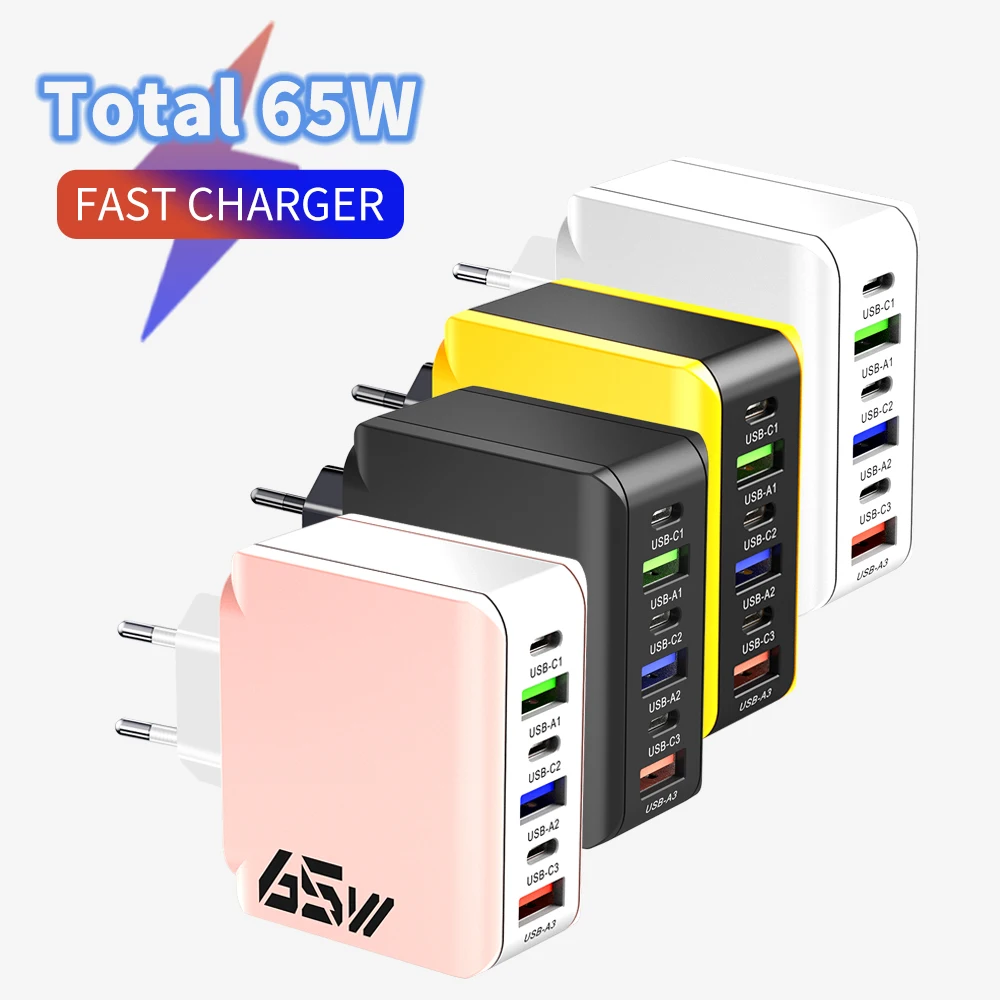 

65W Multi-Port USB Fast Charger Type C Phone Charger Adapter For iPhone Samsung Xiaomi Huawei EU US UK Travel Wall Quick Charger