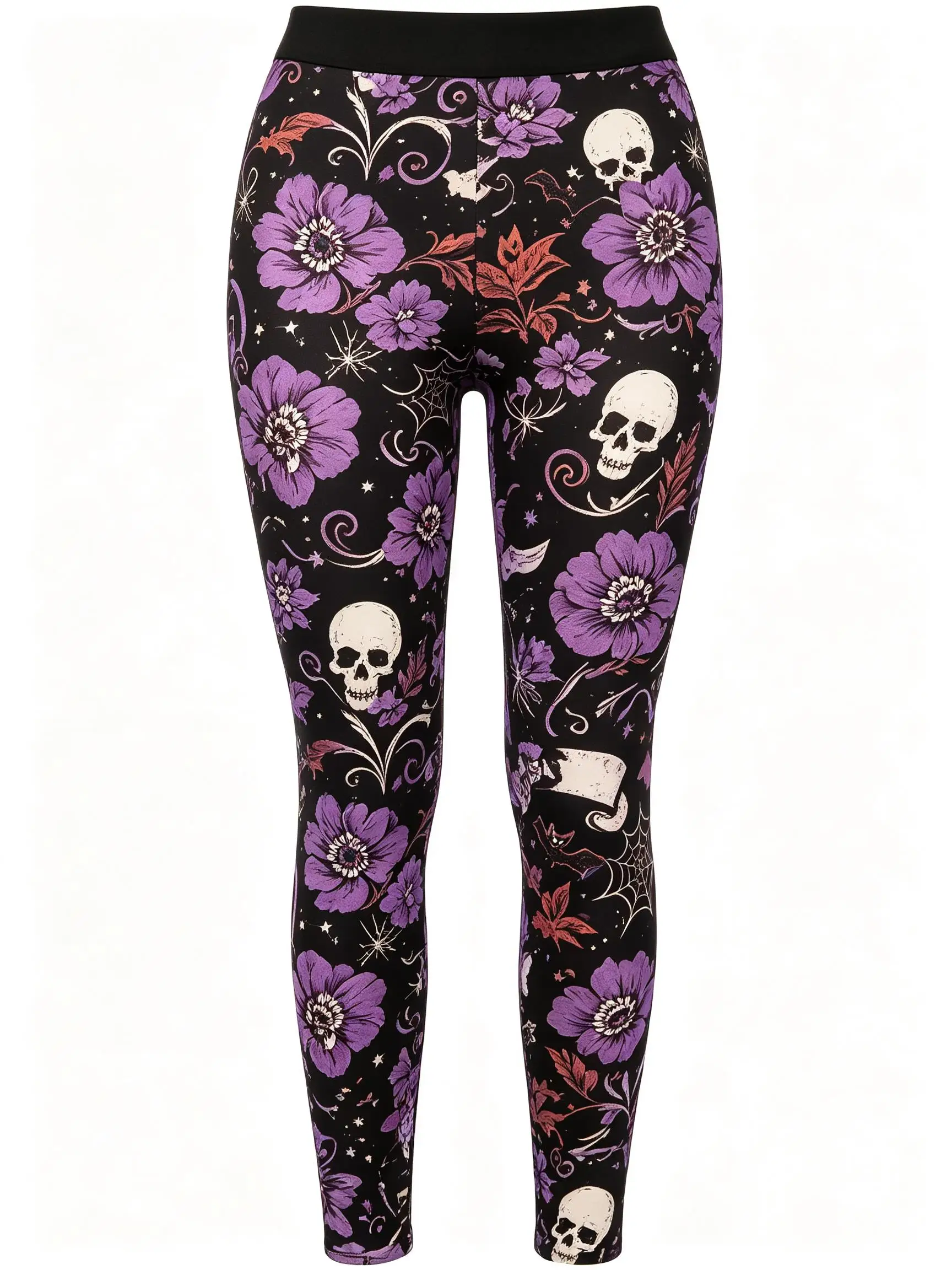 Women Mid Waist Fleece Lined Leggings Skull Red Rose Print Slim Stretch Pants Halloween Party Gothic Trousers - view 5