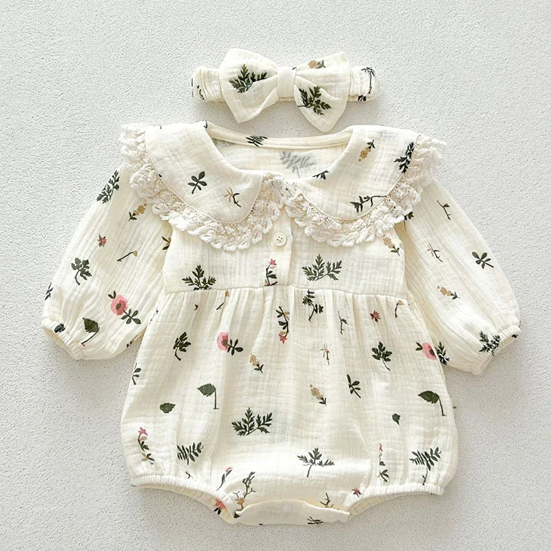 2024 New Autumn Newborn Baby Girls Bodysuits+Hair band Long Sleeved Cotton Print Infant Baby Girls Jumpsuit Children Clothes