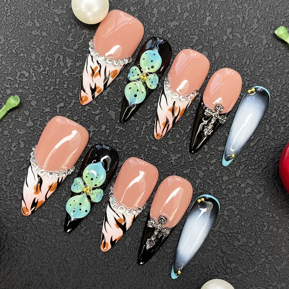 100% Handgefertigte Acrylnägel Glänzende UV-Gel Geschnitzte Aufklebenägel 10 Stück Individuelles Design Künstliche Fingernägel mit Klebstoff und Werkzeug