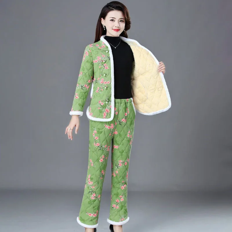Cotton-Padded Jacket Suit Women's Winter Flower Cotton Jacket+Cotton Trousers Two-Piece Suit Buckle Cashmere Warm Parker Coat