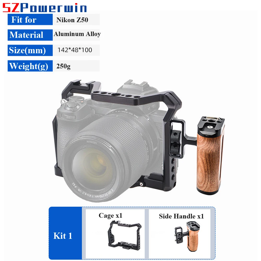 Powerwin For Nikon Z50 Camera Cage with wooden Handle Kit Aluminum Alloy Multifunctional Arri Locating Screw Protective Fram