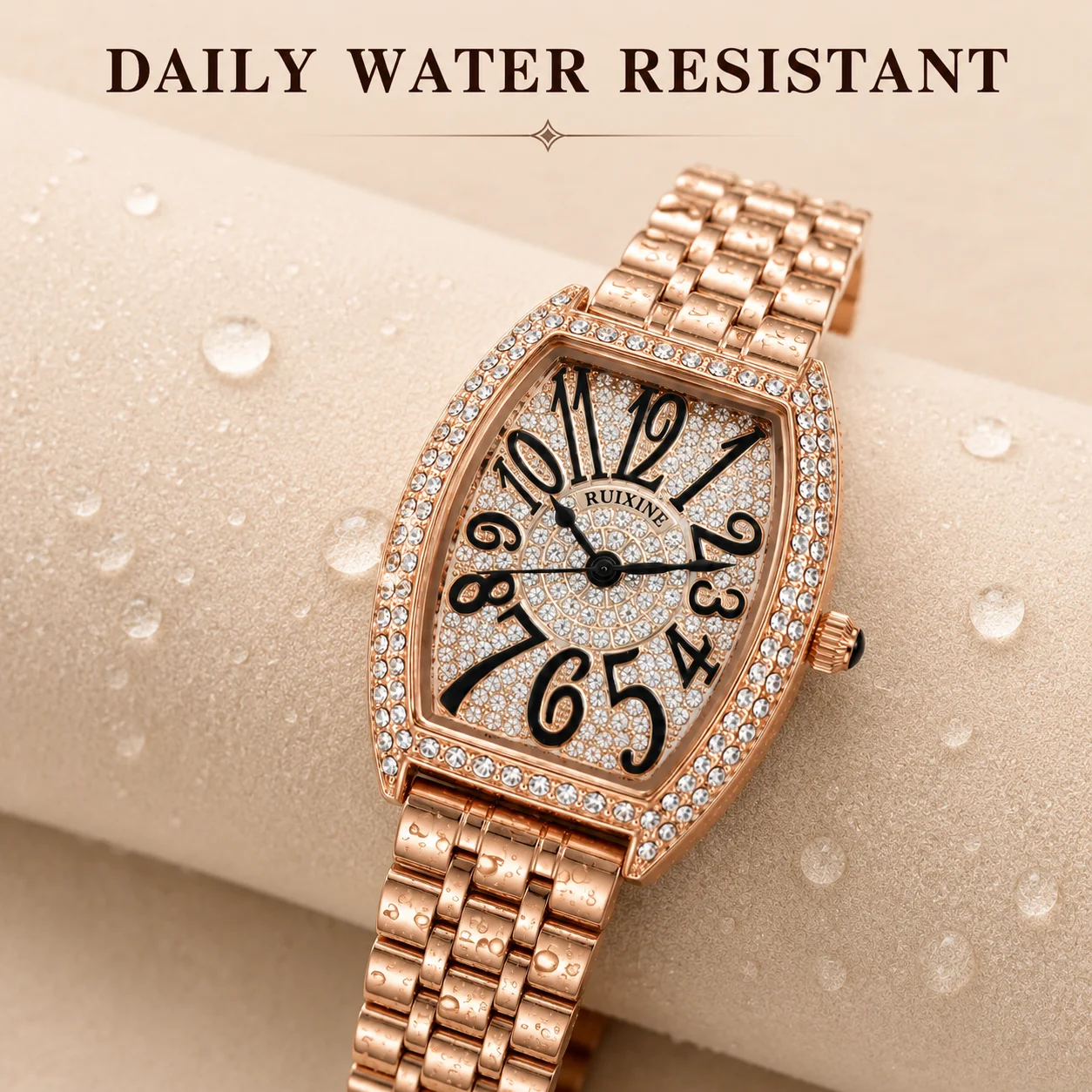 RUIXINE Fashion Ladies Quartz Watch Tonneau Barrel Shape Case Full Paved Crystal Dial Stainless Steel Bracelet  Female Gift
