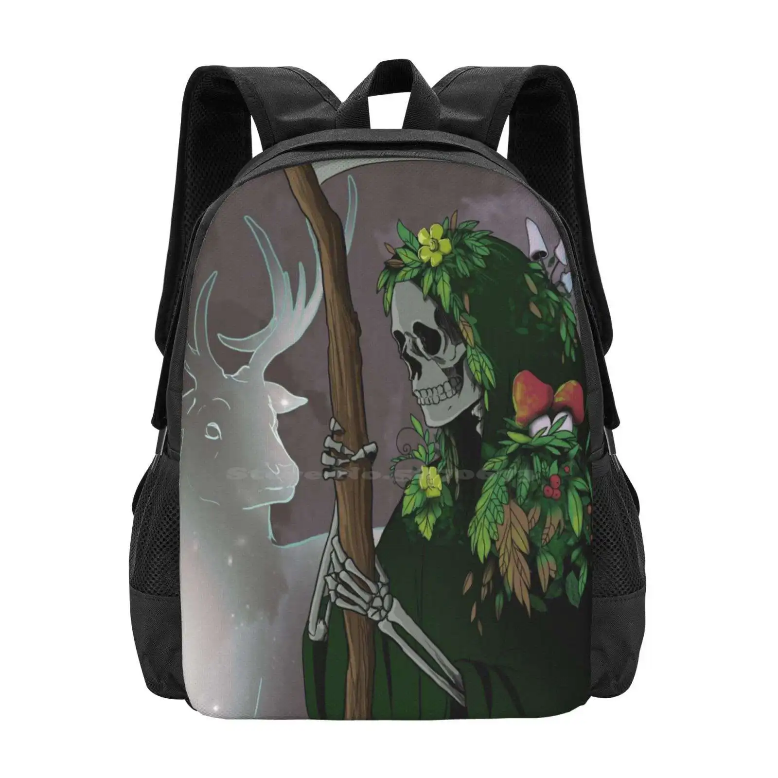 Reaper Of The Forest Hot Sale Schoolbag Backpack Fashion Bags Deer Spirit Reaper Wildflowers Death Scythe