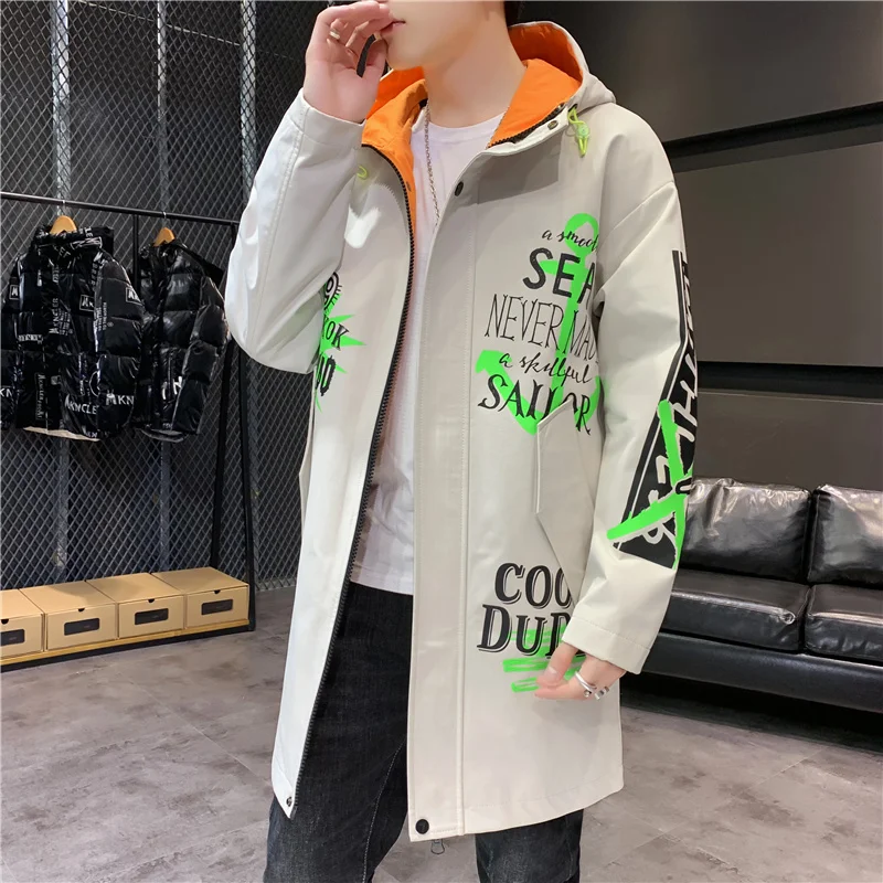 Fashion 2024 Men\'s Spring Autumn Mid-Length Hooded Jackets Youth Streetwear Loose Long Coat Outwear Top Thin Windbreaker Clothes