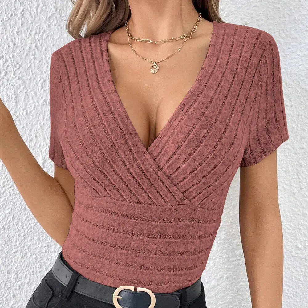 ملابس علوية للسيدات لخريف وربيع 2025 ميا موسى يجب اقتناؤها قميص قطني سادة بأكمام قصيرة ورقبة على شكل حرف V مثير ضيق مناسب للاستخدام اليومي #6