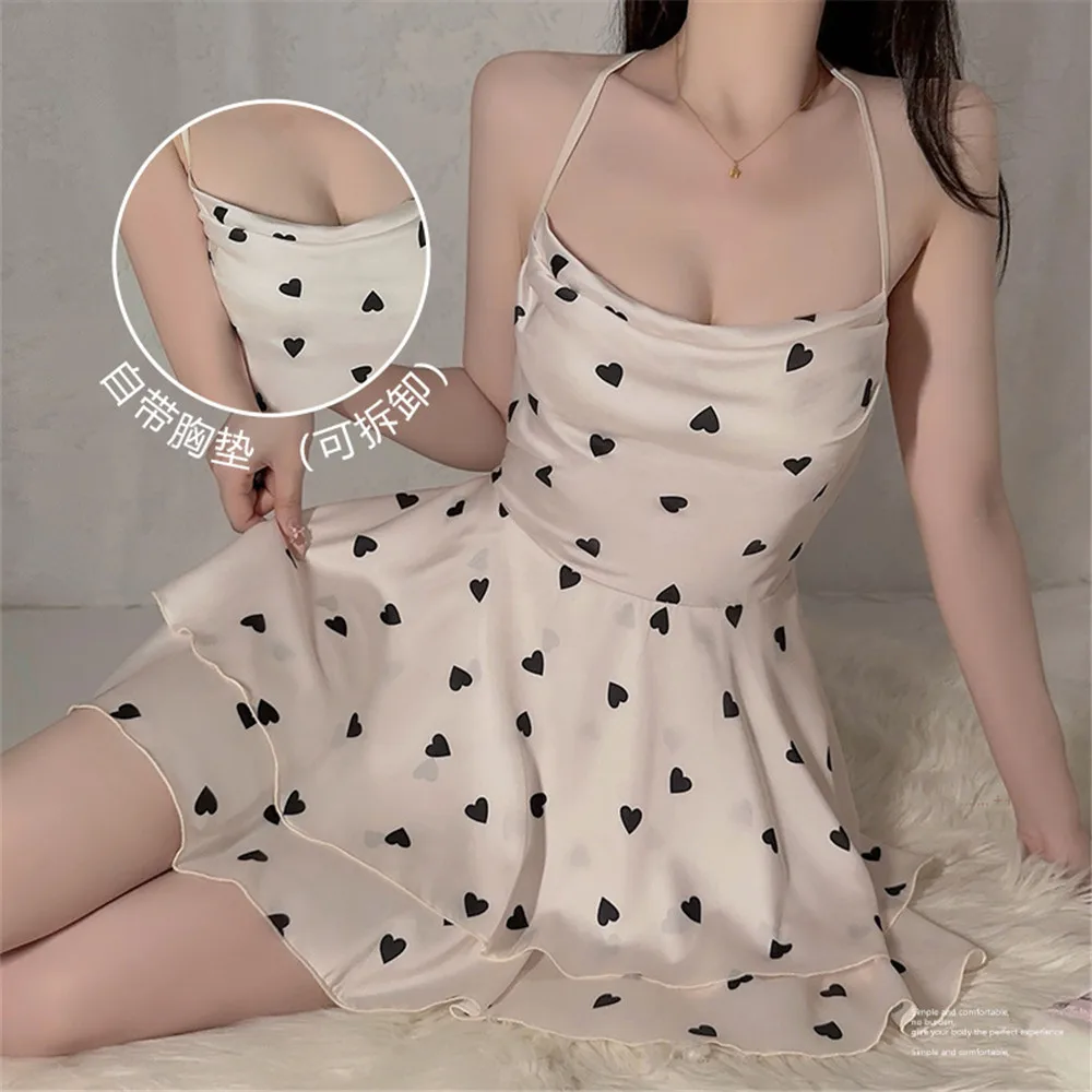 

Ночное платье с принтом в горошек, женское сексуальное женское белье, домашнее платье, короткая одежда для сна на бретельках, женская ночная рубашка из ледяного шелка