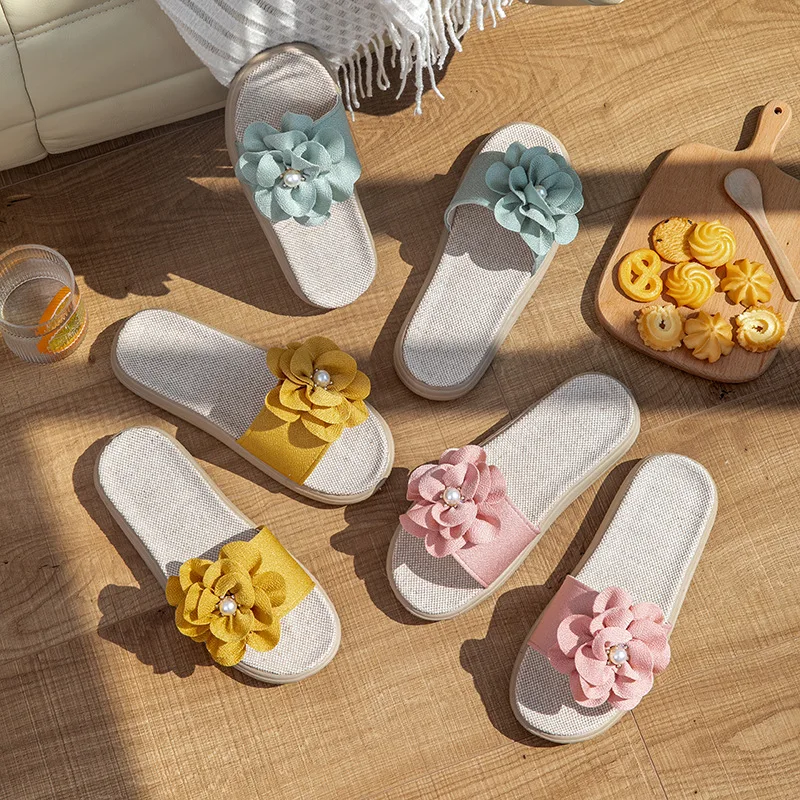 2023 spring and summer linen home indoor soft bottom candy color female four seasons fabric big flower sandals and slippers
