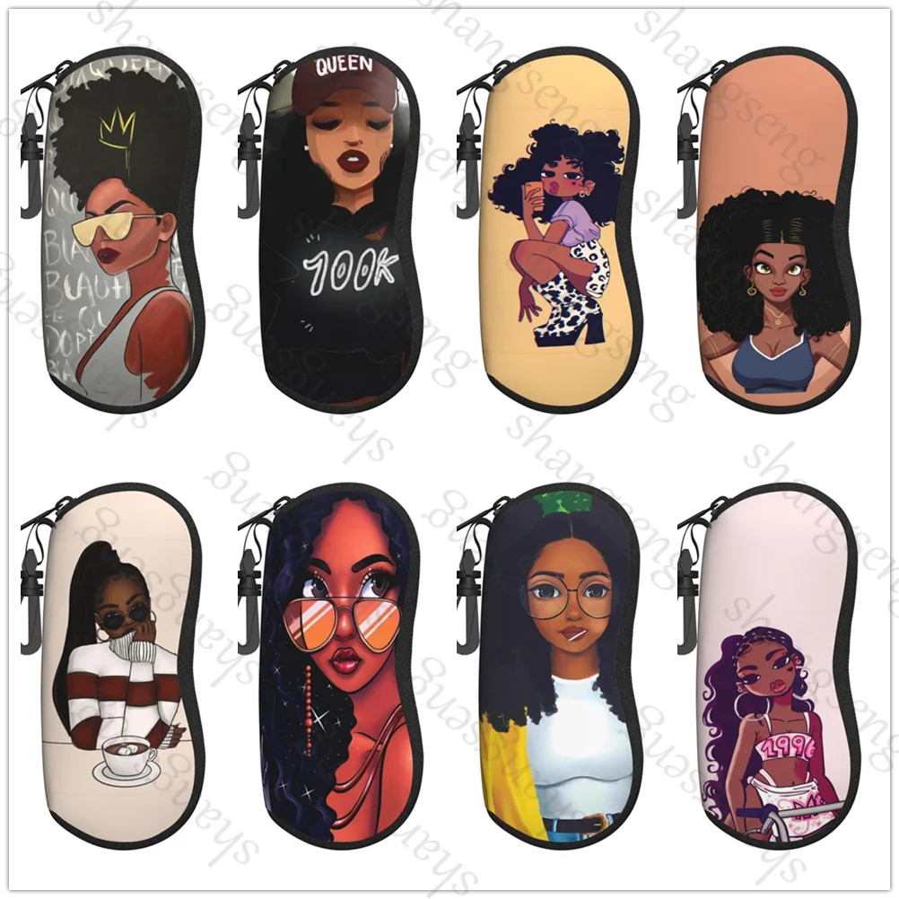 Black girl cartoon Glasses Case Sunglasses Soft Case Ultra Light Portable Neoprene Zipper Portable zipper soft-shell