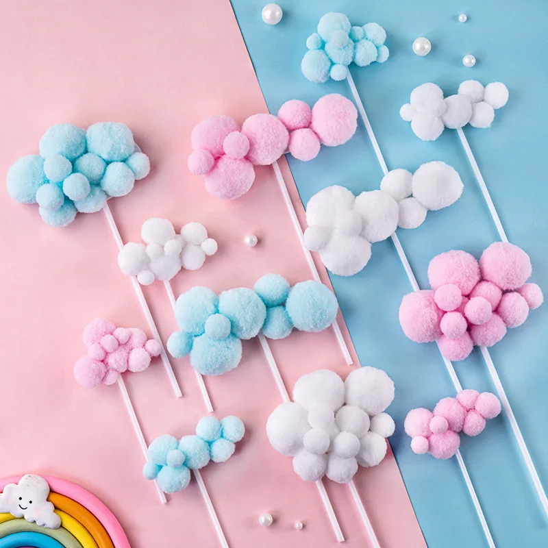 10pc Fluffy Ball Cotton Cloud Birthday Cake Decoration, Inedible Hot Air Balloon Plug-in Card, Party Atmosphere Decoration