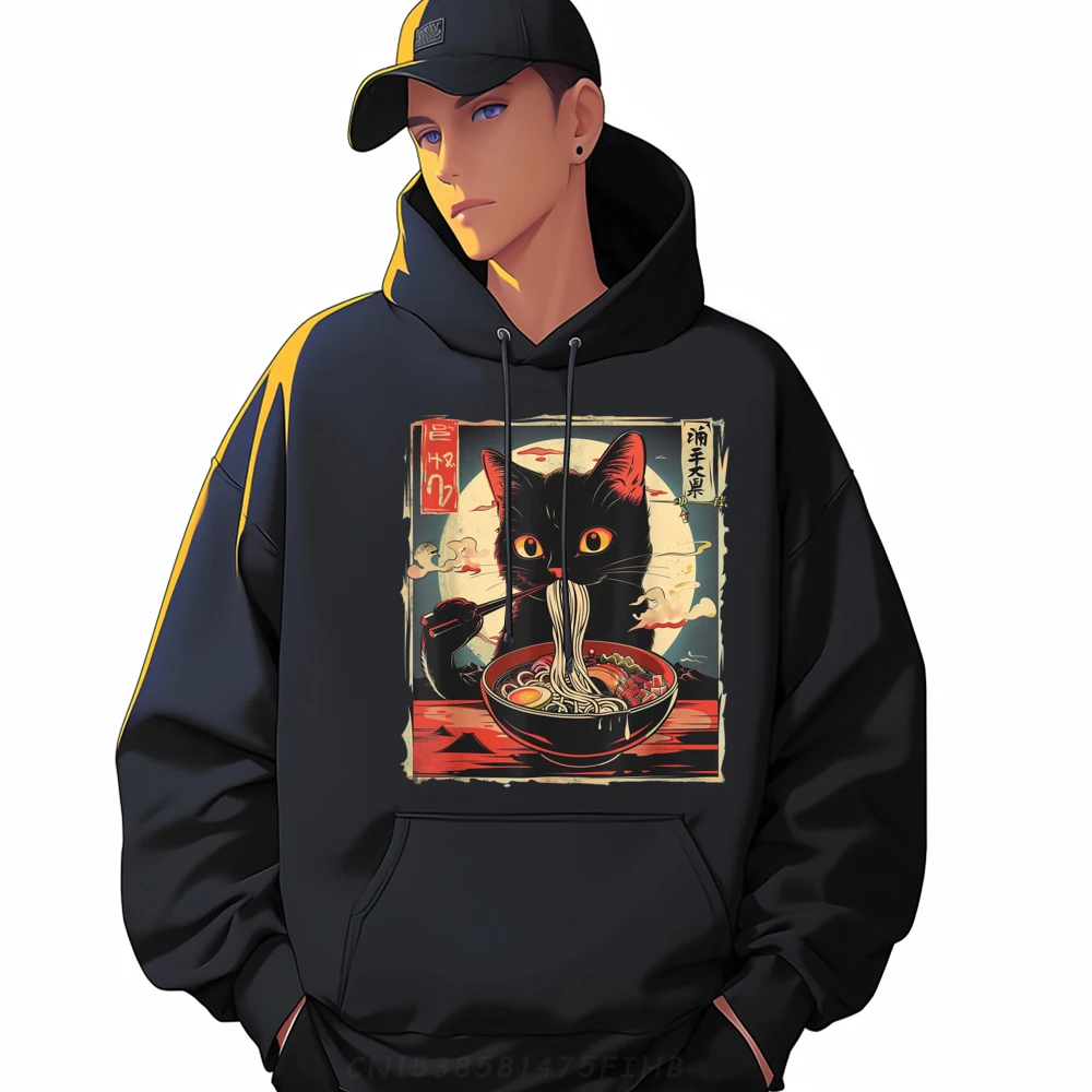 

Retro Japanese Kawaii Cute Cat Eating Ramen Poster Mens Clothing 2024 Skin-Friendly Men's Sweatshirts Graphic